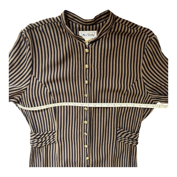 VINTAGE MISS DORBY Striped Fitted Midi Dress | Size M | Navy & Tan | 80s Office - Picture 7 of 16